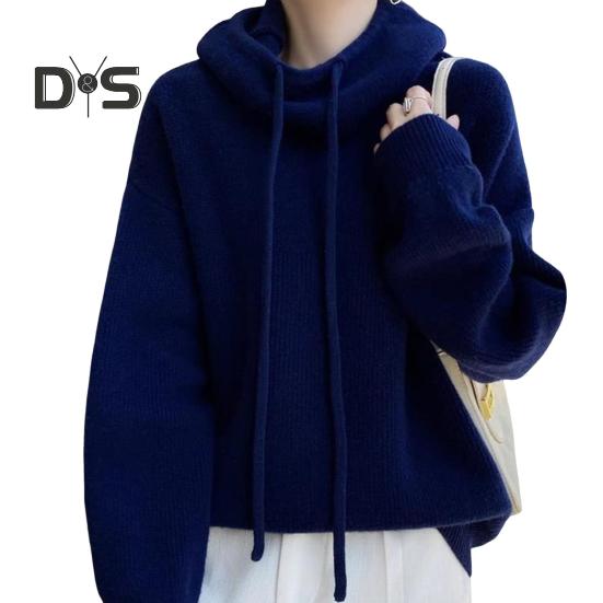 Женский свитер с ворсовым воротником, капюшоном и завязками, длинный рукав, трикотажные топы, однотонный повседневный свободный трикотаж