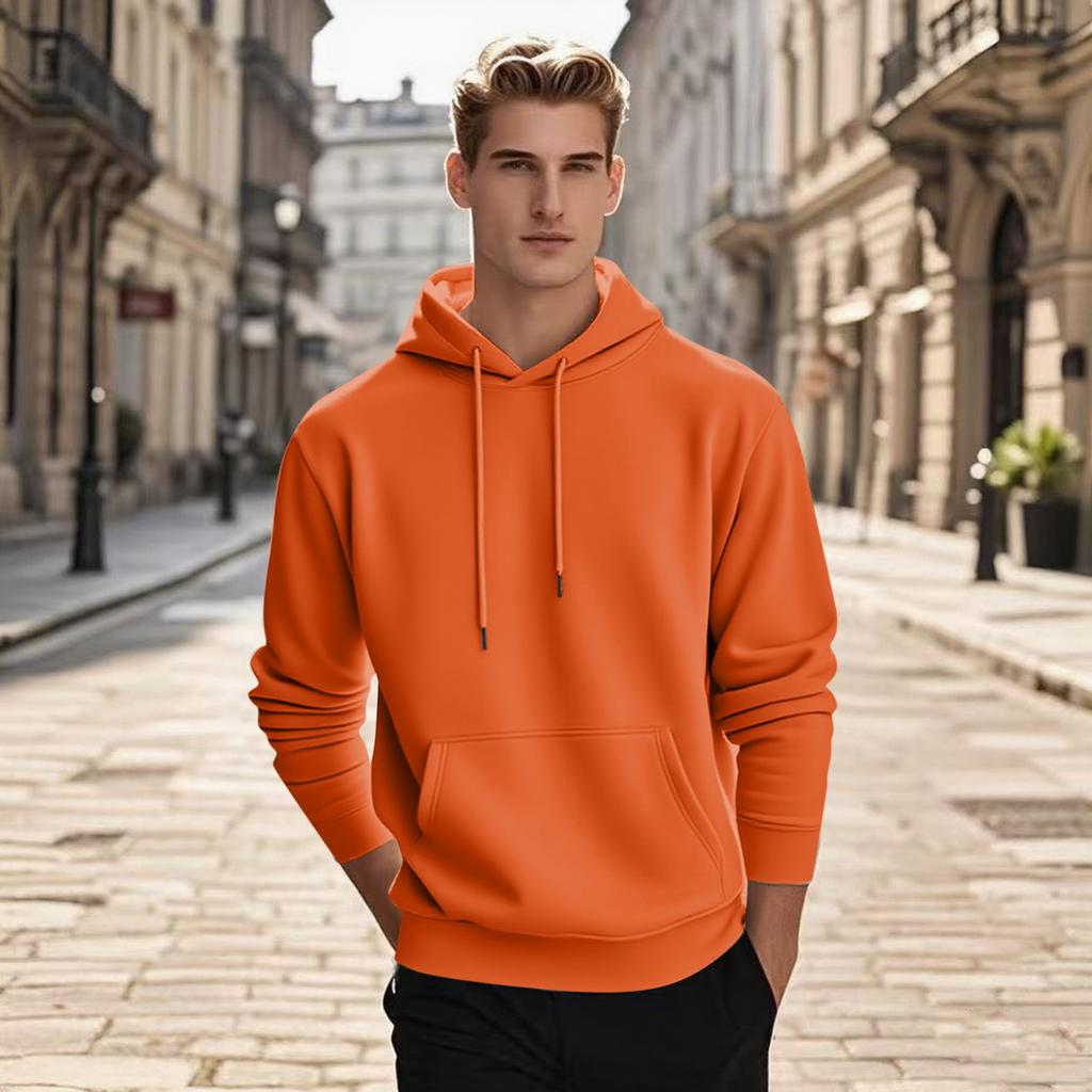 Men's Pullover Hooded Sweatshirt Solid Color Round Neck Loose Hoodie Long Sleeve Top