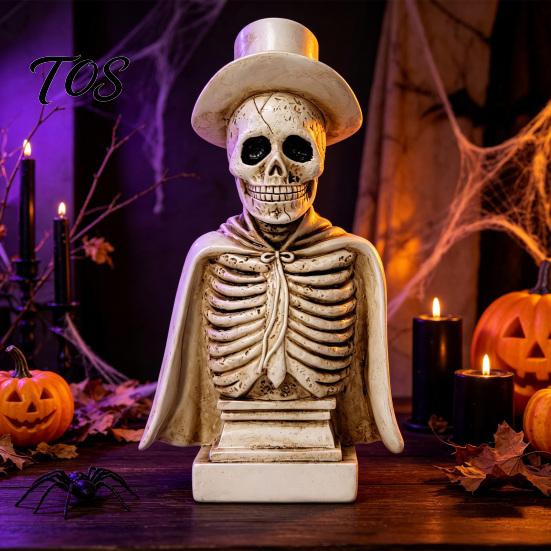 Desktop Ornament for Dark Style Decor Gothic Halloween Skull Sculpture with Top Hat And Cape, Spooky Resin Creepy Statue Holiday Skeleton Figurine LED