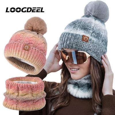 Loogdeel 1 комплект/2 шт. Зимняя теплая шапка с толстым бархатом и градиентной расцветкой, вязаная пряжей, ветрозащитная шапка-пуловер, женская