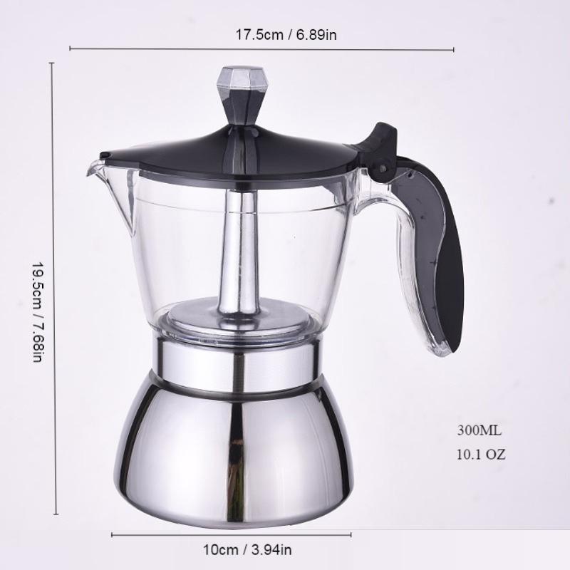 JUSTINLAU 4/6 Cups Transparent Moka Pot Household Espresso Coffee Brewing Kettle for Electric Stove Stainless Steel Moka Pot