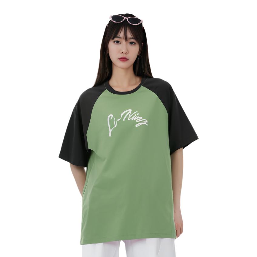 Футболка Li Ning Fitness Series с цветными буквами и круглым вырезом, свободная, с коротким рукавом, реглан, женская, каменно-зеленая, черная ATSU462-3