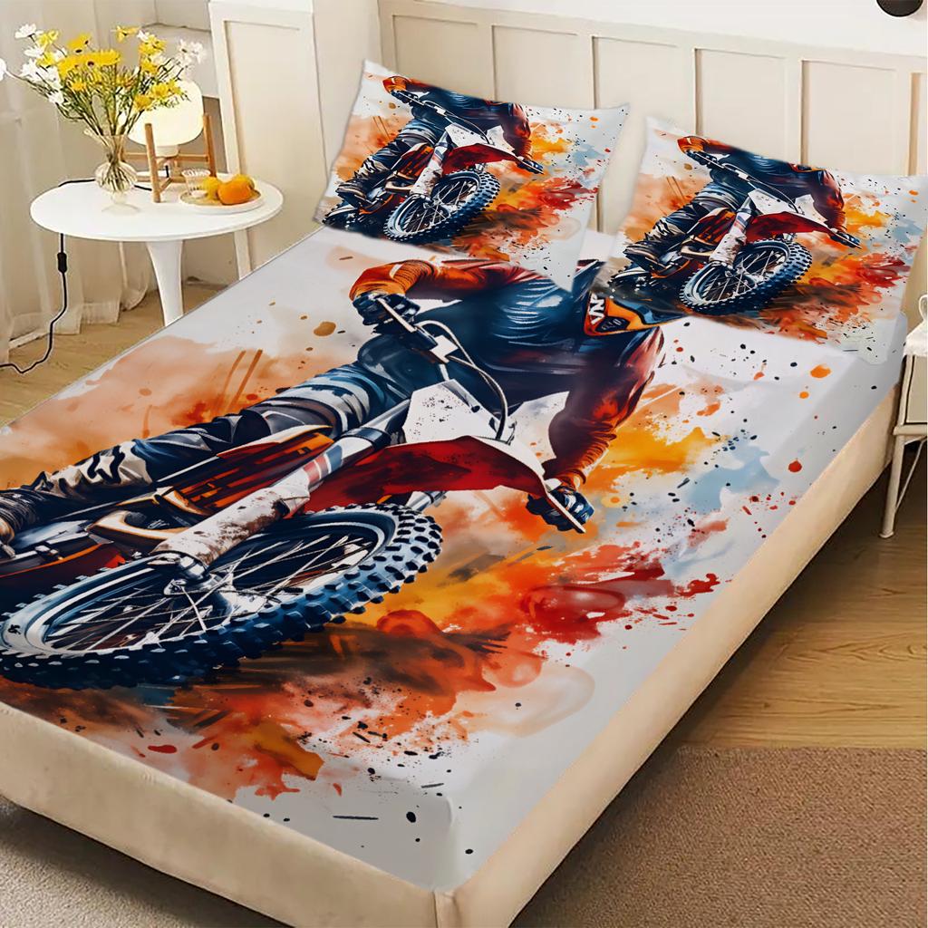 3pcs Fitted Sheet Set Motorcycle Racing 3D Printed Motocross Rider Bed Sheet With Pillowcases For Bedroom Decor