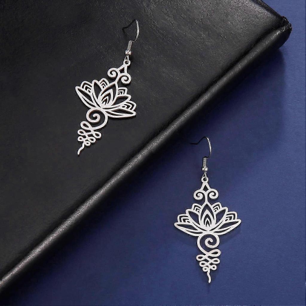 Lotus Flower Dangling Earrings for Women Yoga Healing Charms Unalome Symbol Amulet Stainless Steel Jewelry Lotus Flower Buddha Yoga Earrings