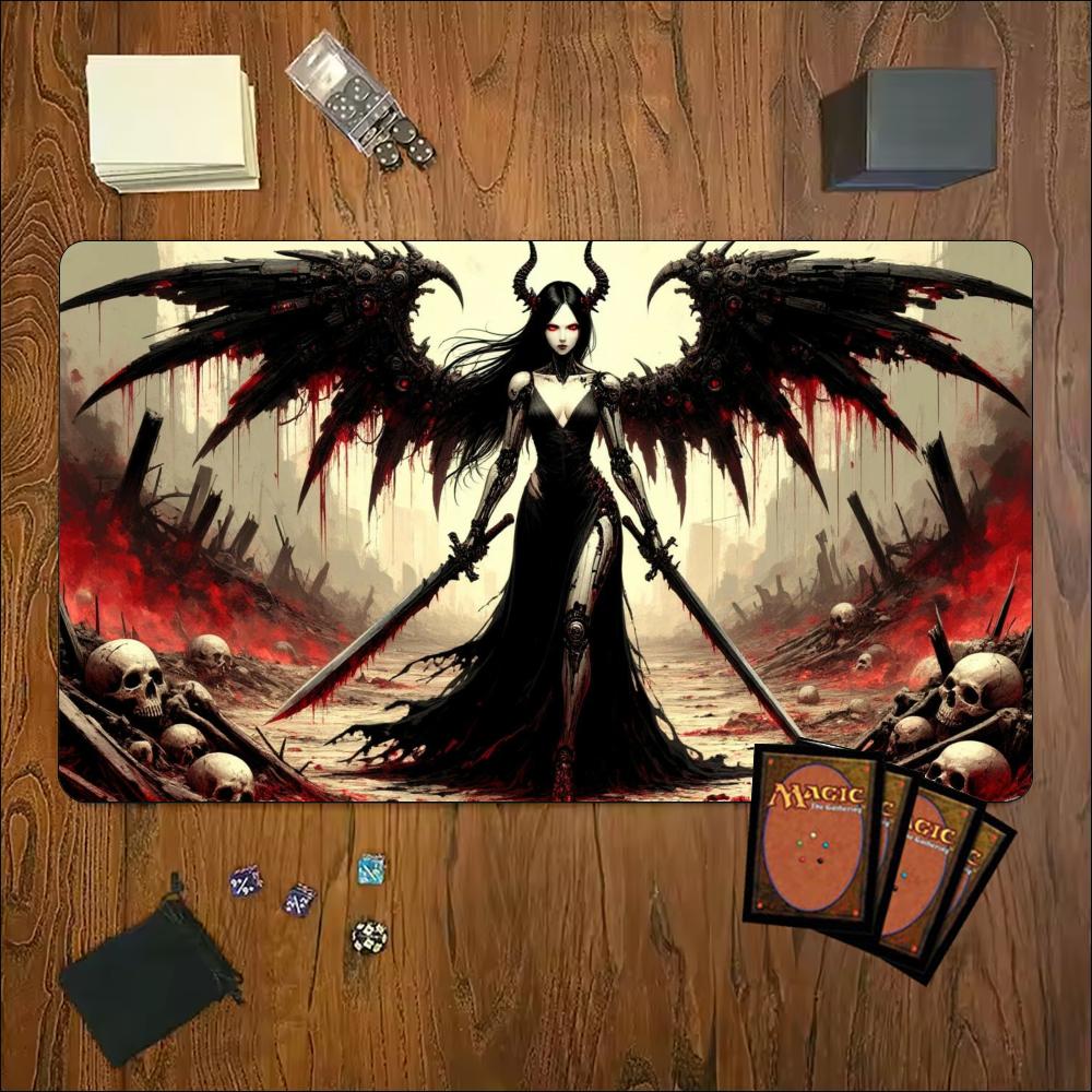 Extra Large Playmat Dark Fallen Angel Fantasy Print Stitched Border Anti‑Slip Rubber Mat For Board Card Game Gaming Home Office