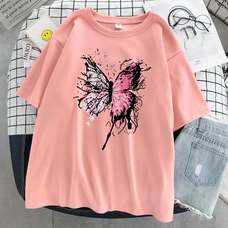 Розовая футболка с бабочкой Harajuku, женская повседневная дышащая футболка в стиле хип-хоп с коротким рукавом, хлопковая крутая футболка большого размера