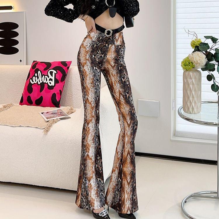 Весенние тонкие женские расклешенные брюки с высокой талией, облегающие брюки, расклешенные брюки с принтом и резинкой