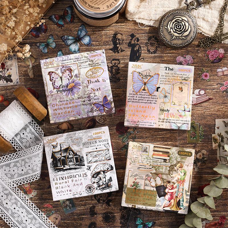 100Sheets/pack Vintage Stickers Waterproof PET Material Children Stationery Sketchbook Diary Scrapbook Supplies for Kids