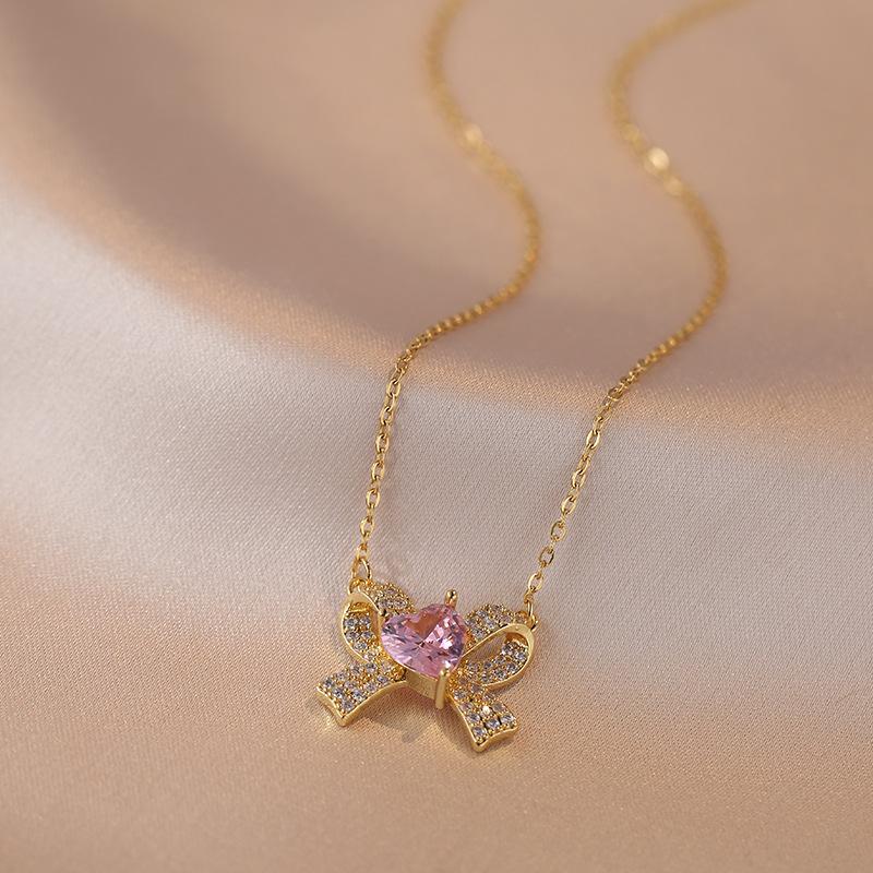 Ожерелье с подвеской в виде сердца с бантом и цирконием для женщин, новинка 2023 года, модная гипоаллергенная цепочка из нержавеющей стали, ювелирные изделия, аксессуары для свадебной помолвки и вечеринки