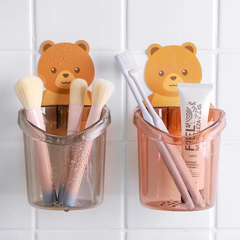 1Pcs Teddy Bear Wall Mounted Toothbrush Holder Cup Punch Free Rack Bathroom Supplies Organizer Bathroom Accessories Banheiro