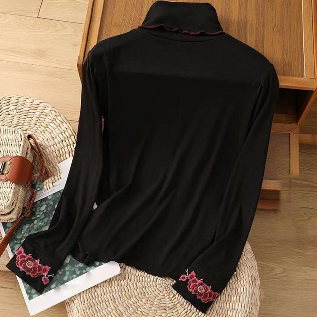 Женская модная литературная этническая вышивка Дын, ретро-топ с высоким воротом и длинными рукавами, вышитый