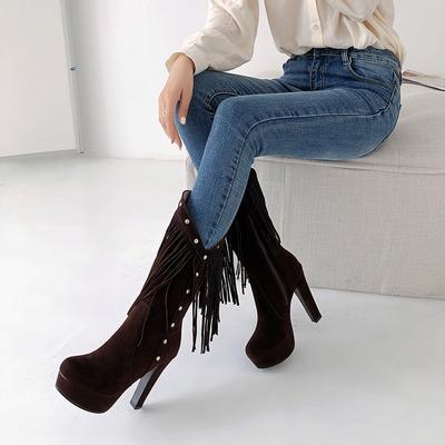 Женские ботильоны миди до икры на осень-зиму 2024, современные ботинки из превосходного нубука на высоком каблуке с кисточками, повседневная обувь на платформе, botas mujer