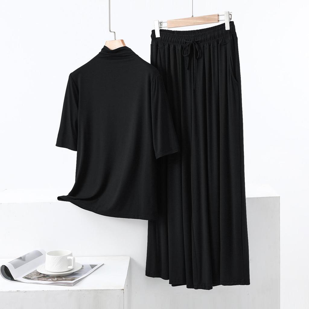 Модальная футболка с полувысоким воротником и рукавом пять четвертей и широкие брюки с карманами, повседневный двухпредметный комплект большого размера для женщин