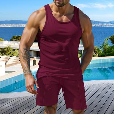 2 шт./компл. Мужская спортивная одежда из вафельной ткани, однотонный жилет без рукавов с круглым вырезом и эластичной талией, широкие шорты, повседневная одежда