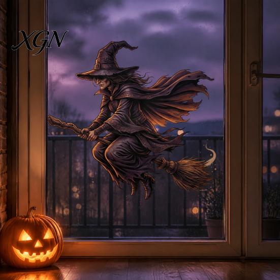 Halloween Party Supplies Witch on Broomstick Static Cling, Themed Glass Window Sticker, Decals Removable Wall Cling for Storefront Windows Doors