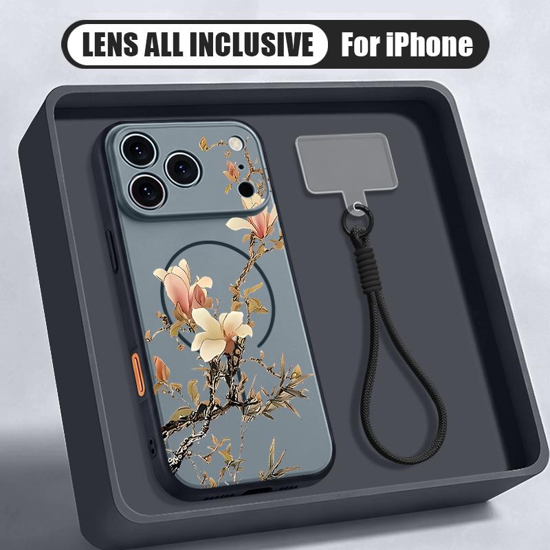 INS Чехол с цветочным узором и ремешком на руку Для iPhone 17 Pro Max iPhone 16 15 14 13 Pro Max Магнитный Для Magsafe Гибридный ТПУ+ПК Матовое покрытие