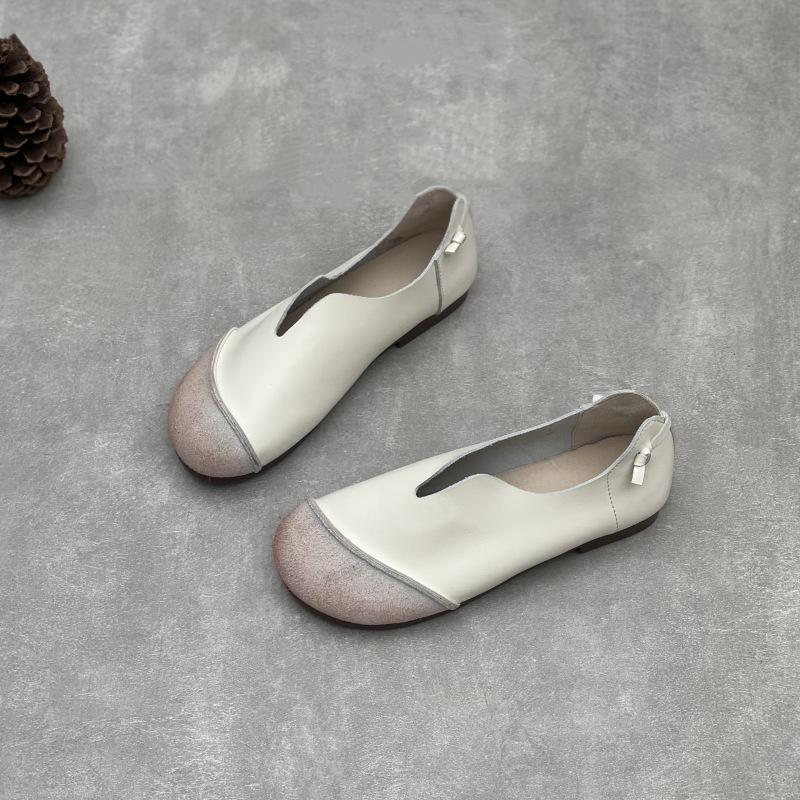 Johnature Retro Genuine Leather Women Soft Sole Flats Shoes Handmade Casual Shallow Round Toe Slip-on Loafers