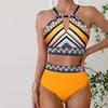 Женские купальники Бикини 2 шт. Купальник с открытой спиной Холтер Пляжная одежда Желтые ромбовидные цветы с принтом Купальные костюмы Купальник с подвесным вырезом