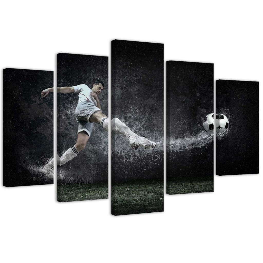 Feeby Five piece picture canvas print, Footballer on wet turf