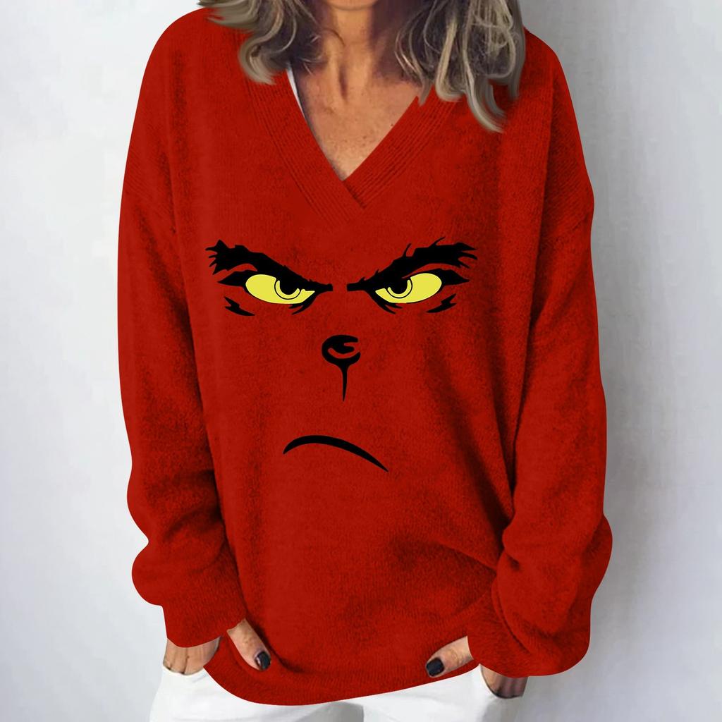 Женская мода повседневная рождественская принтованная трикотажная кофта с V-образным вырезом и длинными рукавами, модный милый свитшот