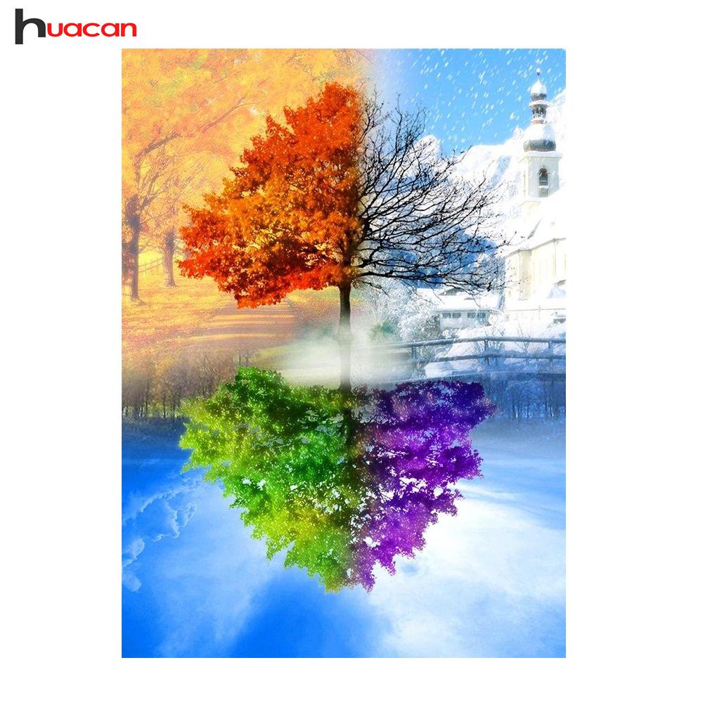 Huacan Алмазная вышивка "Пейзаж" картина Стразы Алмазная картина вышивка крестом Четыре сезона Дерево Квадратный Кристалл