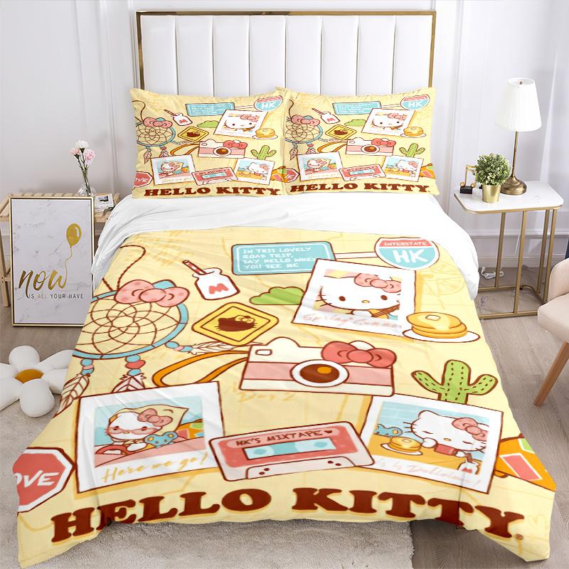 3pcs Hello Kitty's Holiday Quilt Cover Set (1 Quilt Cover + 2 Pillowcases Without Pillow Core), High-Definition Printing for Home and Dormitory.W