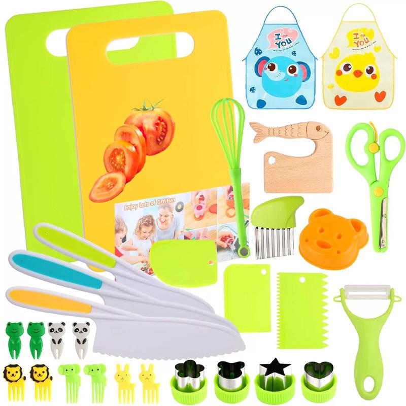 30-Piece Kids' Kitchen Toy Set: Cutting Board, Apron, Wooden Knife, Plastic Knife, Fruit Fork, Vegetable Play Kitchen Accessories