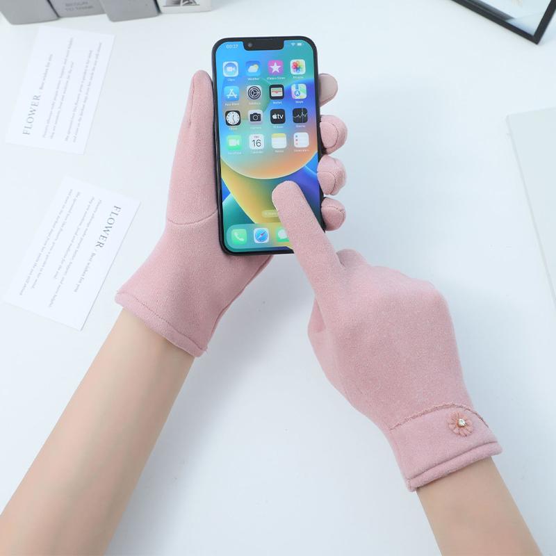 Solid Color Suede Gloves Small Flower Decor Touch Screen Gloves Winter Warm Cold-proof Split Finger Gloves