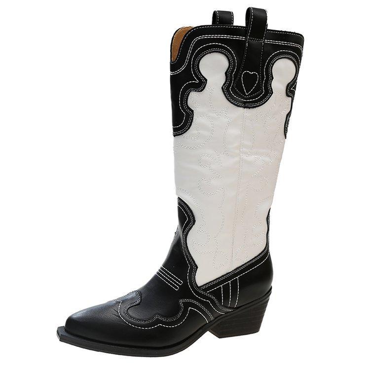 Retro Pointed Western Cowboy Boots for Women's 2024 New V-necked Embroidered Knight Boots with Thick Heels and High Sleeves
