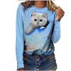 Round Neck Cat Pattern 3D Printed Casual Long Sleeved Women's T-shirts - Soft Medium Stretch Polyester Fabric Spring and Autumn Relaxed Fit Clothing