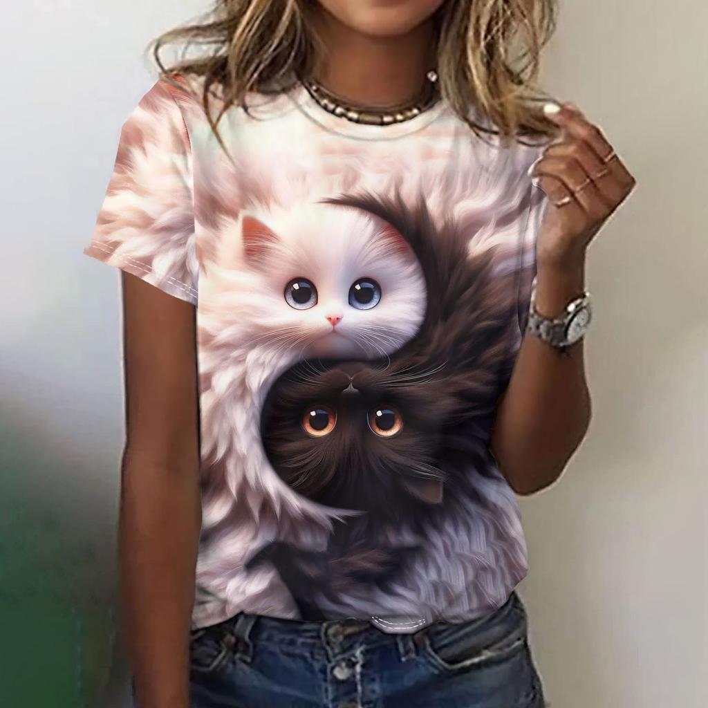 Fun Animal Pattern Women's T-shirt Cat Print Casual Short Sleeved Top