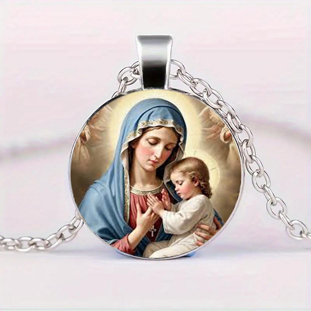 Virgin Mary Mother Of Baby Glass Pendant Jesus Christ Christian Jewelry Jesus Oil Painting Necklace Gift For Men Women