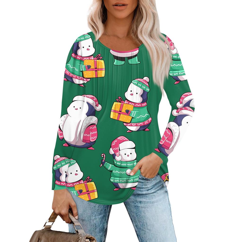 Женская повседневная футболка с круглым вырезом и длинными рукавами с рождественским принтом и складками