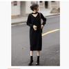 Autumn and Winter Women's Plus Size Hollow V-neck French Trend Solid Color Sweater Skirt Dress