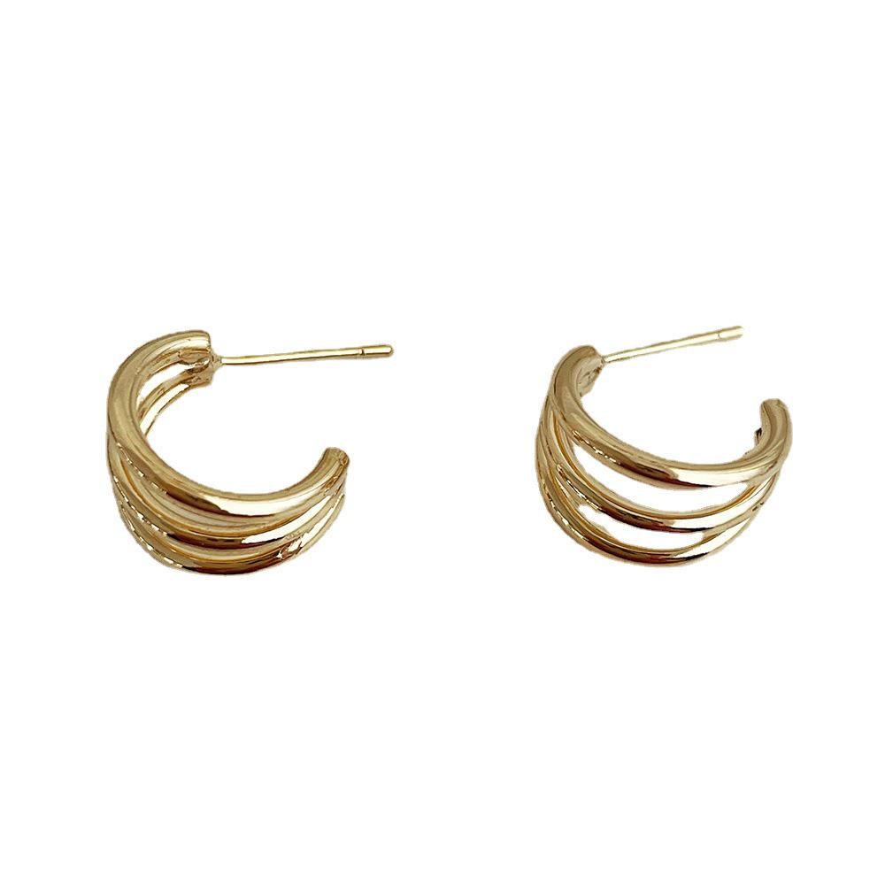 Dongdaemun Shiny Metal Design 925 Silver C-Shaped Personality Earrings – Cold Style, Fashionable, All-Match