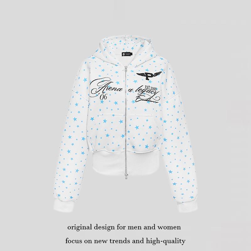 American Retro Star Print Hooded Sweatshirt Loose Casual Short Zip Jacket Teens