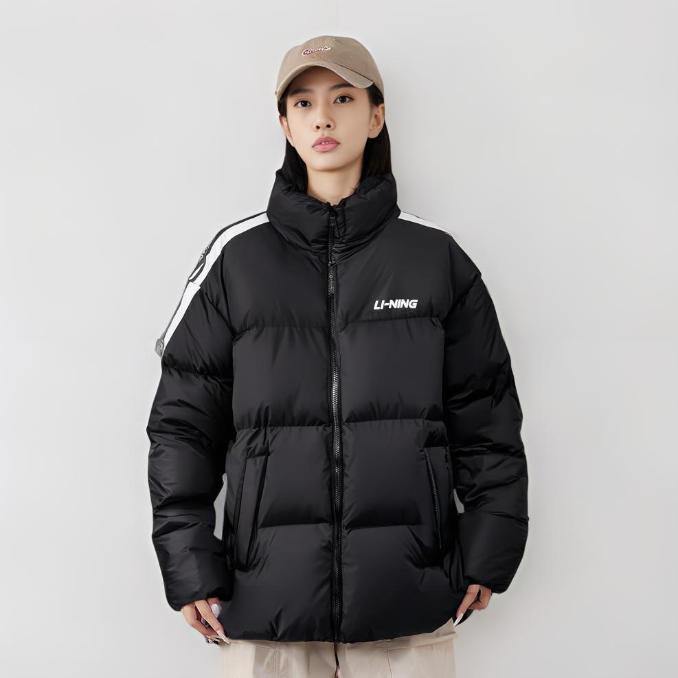 Li Ning Повседневный спортивный пуховик с воротником-стойкой и принтом в виде букв в полоску с длинными рукавами, унисекс, верхняя одежда, черный цвет YYMU161-1