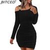 Женское осеннее и зимнее новое однотонное сексуальное платье с наклонным плечевым воротником и металлической пряжкой, плотное облегающее платье на бедрах, сексуальное с длинными рукавами