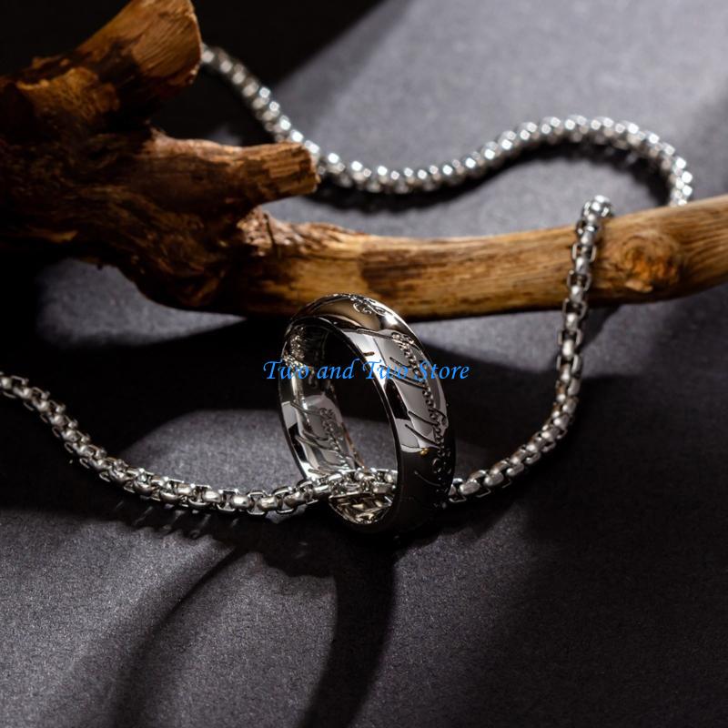 HX6F Titaniums Steel Retro Finger Ring Necklace Handmade Neckchain for Women and Men