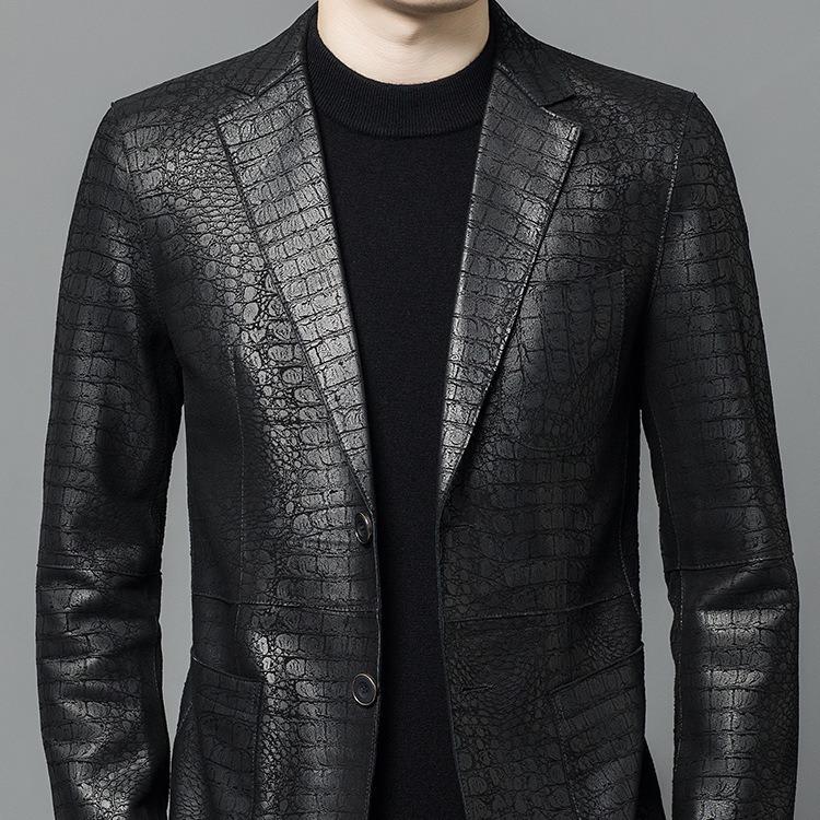 Leather Sheepskin Suit Collar Crocodile Jacket Men's Leather Leather Suit Collar Casual Jacket