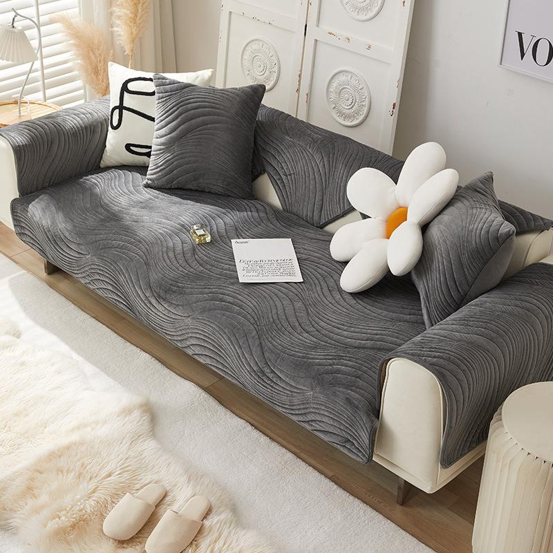 Modern Minimalist and Thickened Plush Sofa Cushion, Winter Anti Slip and Dirt Resistant Leather Sofa, Solid Color Cover Cloth