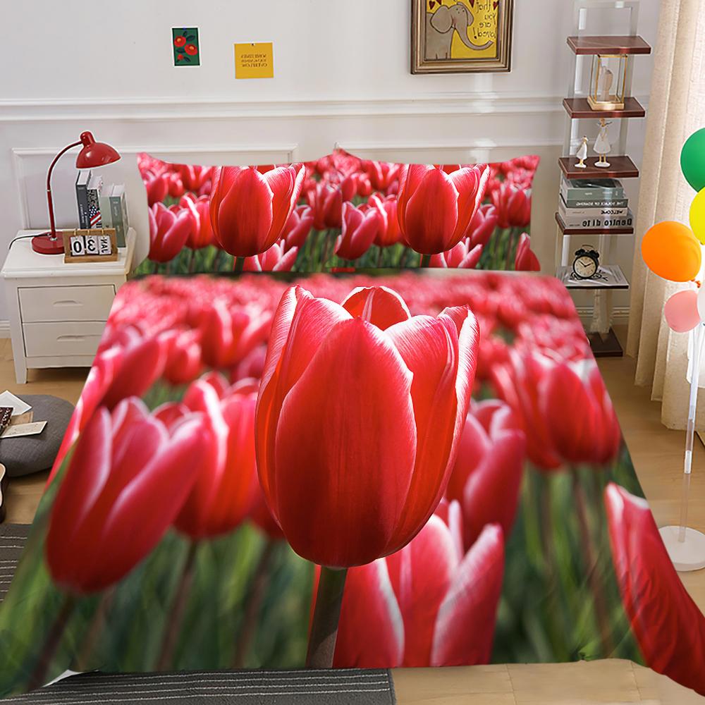 3D комплект постельного белья с цветами, тюльпан, пододеяльник, наволочка, двуспальная кровать, полноразмерное покрывало, моющаяся молния, удобное украшение для дома