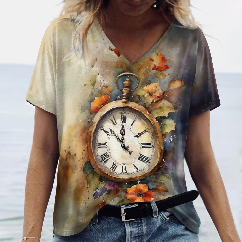 Женская футболка, модный принт с часами, летняя одежда большого размера с короткими рукавами, уличная повседневная пуловер с v-образным вырезом, женские футболки