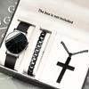 1pc Men's Fashion Quartz Wristwatch, 1pc Bracelet, 1pc Cross Pendant Necklace, Men's Business Ultra-Thin Black Mesh Belt Watch