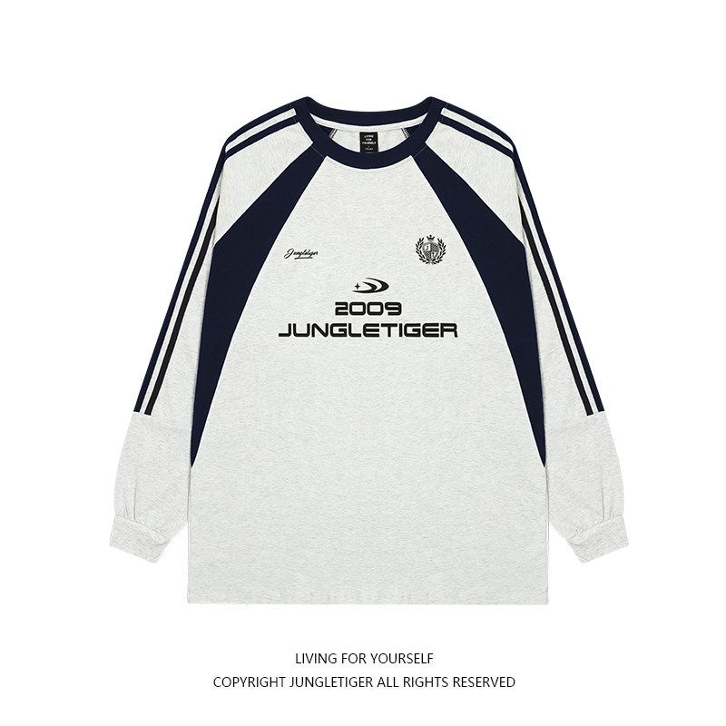 Jungle Tiger Logo Thick Screen-Printed Long-Sleeve T-Shirt for Men and Women, Three-Stripe Retro Sports Color-Block Base Shirt Top