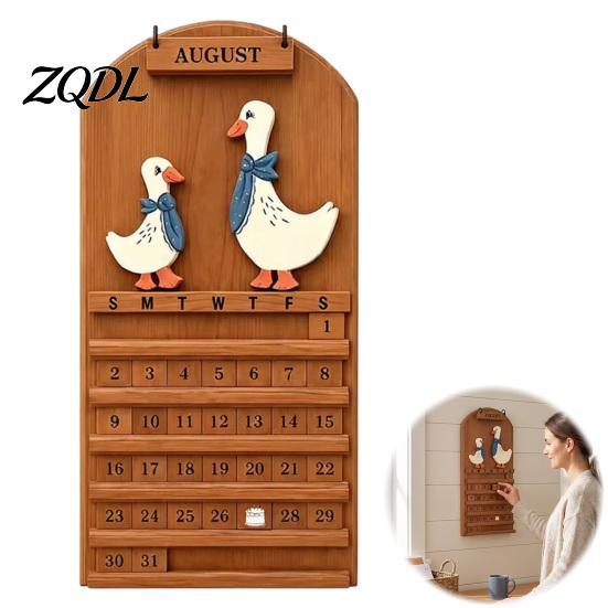 Vintage Solid Wood Decor Wooden Goose Couple Perpetual Calendar, Reusable Month Date Blocks Farmhouse Wall Hanging for Home Office Art Decoration