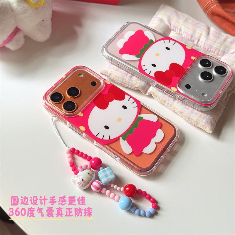 Kawaii Red Bow Cat Case For iPhone 17 16 15 14 Pro Max with Strawberry Outfit, Beaded Strap and Airbag Bumper Shockproof Cover