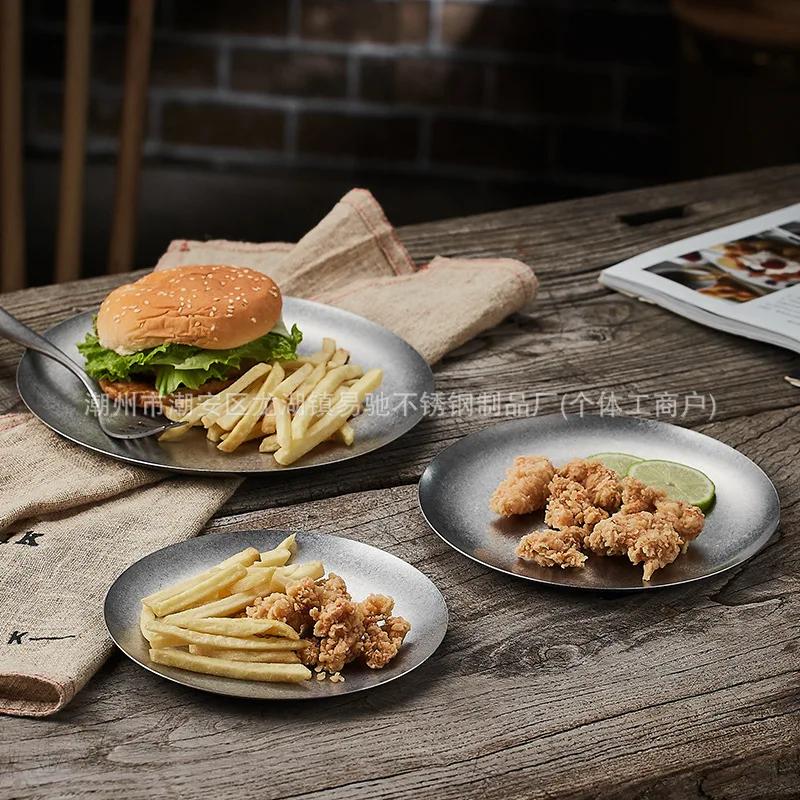 Vintage Industrial Style Metal Dinner Plate Stainless Steel Outdoor Camping Western Food Plates French Restaurant Bone Dish