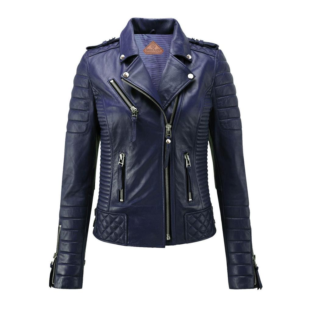 SKINOUTFIT Women's Motorcycle Leather Jacket Genuine Blue Lambskin Cafe Racer Biker Outerwear
