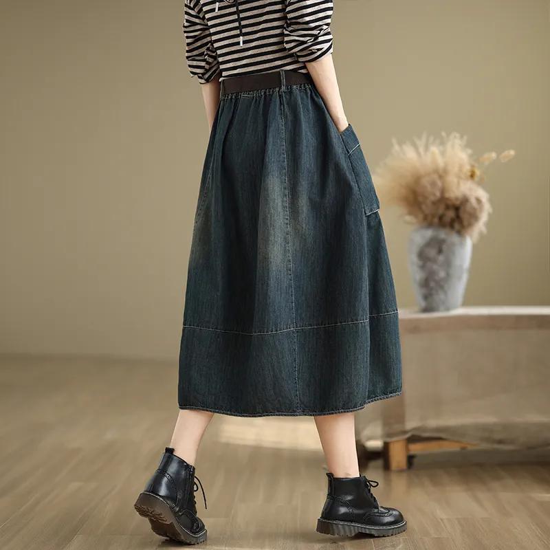 Свободная джинсовая юбка в стиле ретро, женская весенне-летняя повседневная юбка А-силуэта с эластичной резинкой на талии